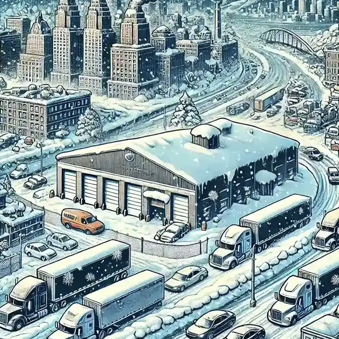 Illustration of harsh winter conditions affecting logistics in the Northeast U.S., showing snow-covered warehouses, trucks struggling on icy roads, and an I-95 highway sign covered in snow.